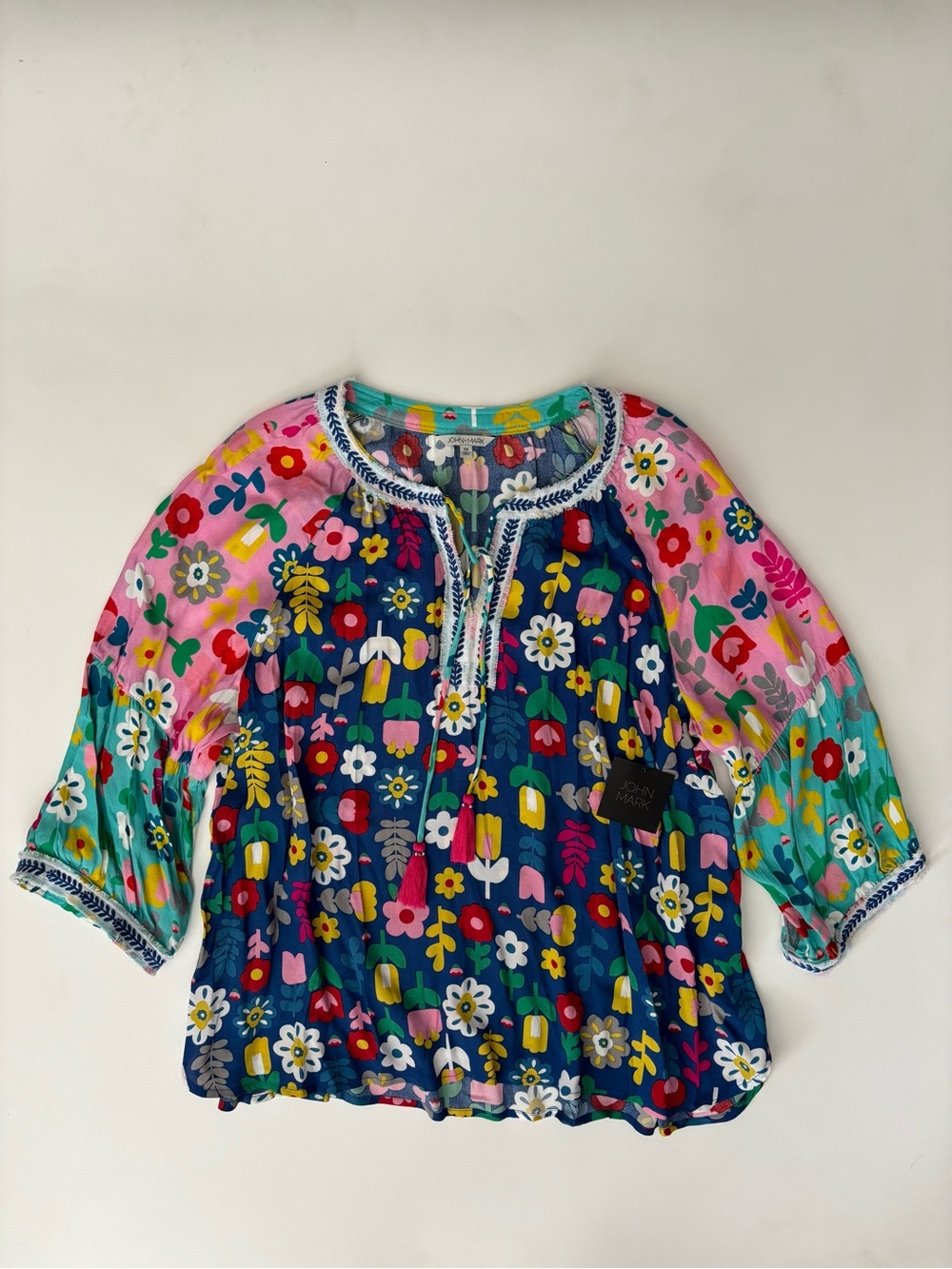 John Mark Tunic Top Blouse Tassel Embroidered Blue Floral NWT